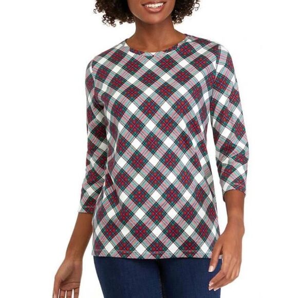 NWT Kim Rogers Womens 3/4 Sleeve Crew Neck Printed Shirt Holiday Tartan Plaid XL - Picture 1 of 10